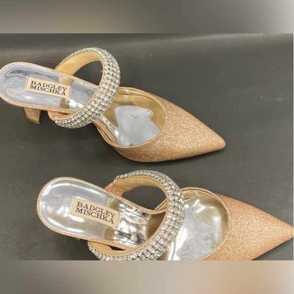 Badgley Mischka Jewel Gold Glitter Jan Strappy Pointed Toe Heels Mule 8 - Picture 4 of 16